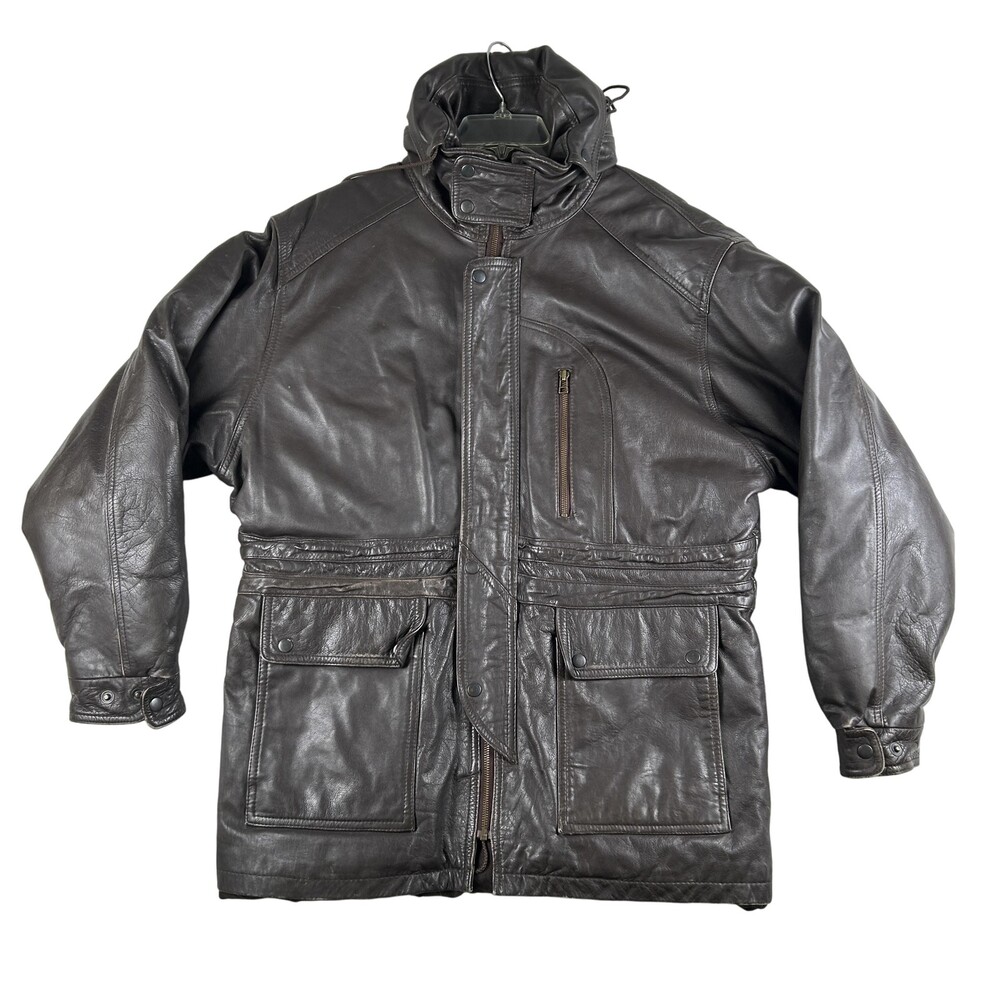 Vintage Leather Jacket Mens Large Brown Hooded Parka Coat Quilted Lined 90s